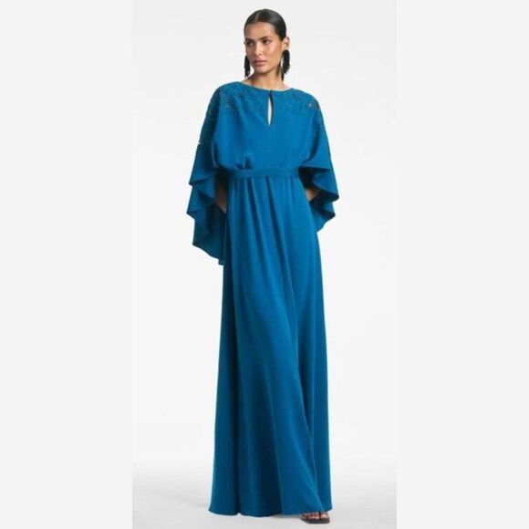 $1295 Sachin & Babi Womens Size 6 Wren Blue Moroccan Cape Gown Long Maxi Dress - Picture 2 of 4